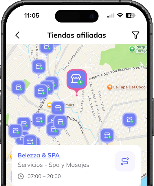 Mapa de tiendas afiliadas a Cuotas en la app de Punto Pago